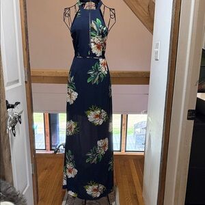 Floral Navy Halter Maxi Dress with Green Accents